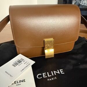 Celine Camel Leather Crossbody Bag with Gold Clasp
